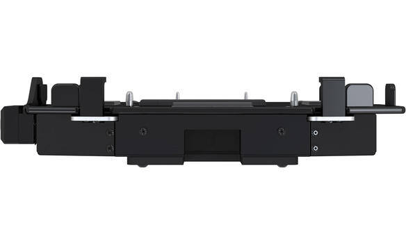 Berceau d'ordinateur portable noir avec verrouillage d'écran et adaptateur d'alimentation.