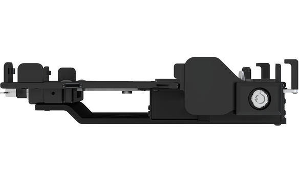 Berceau d'ordinateur portable noir avec des bras réglables et un mécanisme de verrouillage.