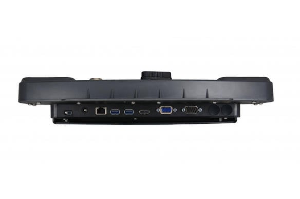 Black docking station with multiple ports and a handle, isolated on a white background.