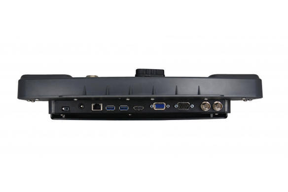 Black docking station with multiple ports and dual antennas.
