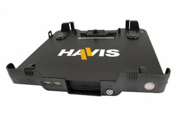 Vue inférieure d'une station d'accueil Black Havis avec réplication du port standard.