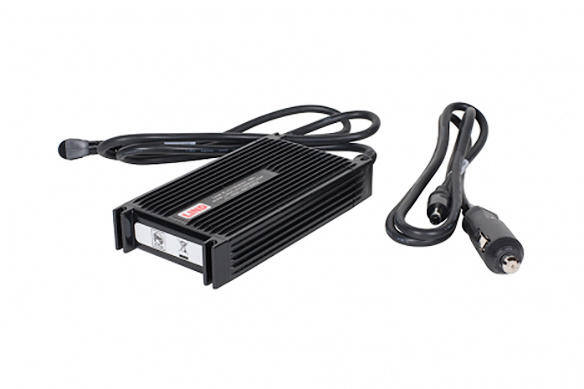 Black automobile power adapter with cables and car plug.