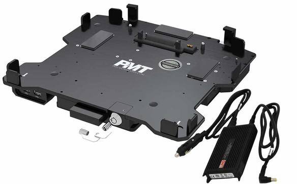 Black laptop docking station with power adapter and cables.