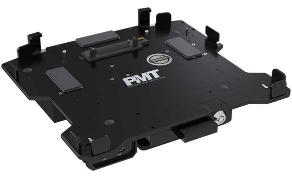 Black docking station for a laptop with various ports and mounts.