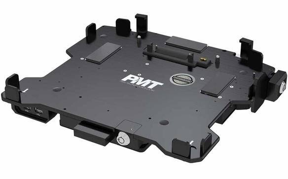 Black docking station for TOUGHBOOK 33 laptop with multiple ports and locking mechanism.