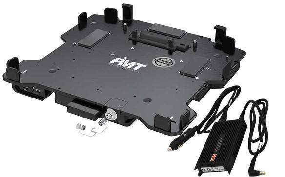 Black laptop docking station with power adapter.