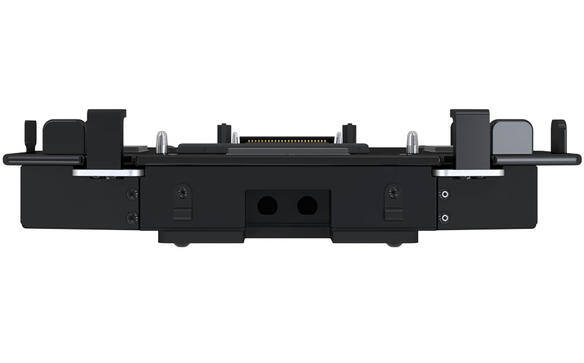 Black laptop docking station with various ports and adjustable side clips.
