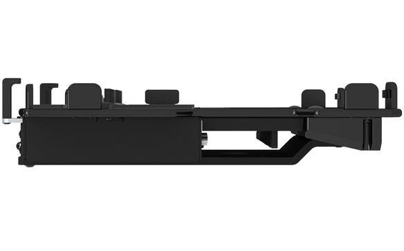 Black laptop docking station with adjustable side clamps.