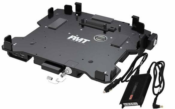 Docking station with adjustable clamps and power adapter.