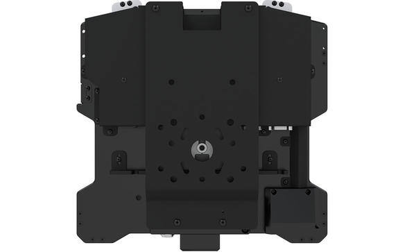 Black docking station for TOUGHBOOK 33 laptop with power adaptor ports.