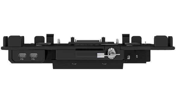 Black laptop docking station with multiple ports and a power adapter.