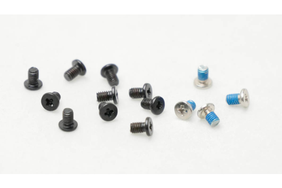 Assorted black and silver screws with blue thread locker.