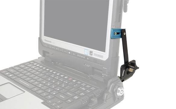 Ordinateur portable robuste avec bras de support d'écran sur le côté droit.
