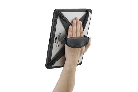 Hand holding a tablet with a rotating handstrap accessory.