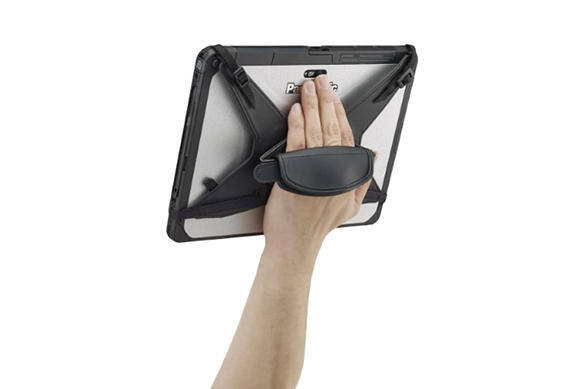Hand holding a tablet with a rotating handstrap accessory.