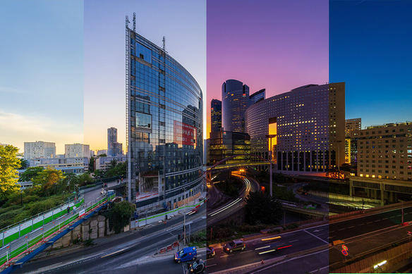 Skyline image divided into four while each half is photographed with a different picture