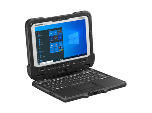 Toughbook G2 Tablet with keyboard attached leaned towards the left