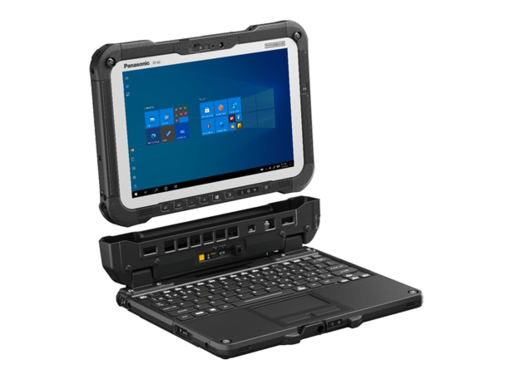 Toughbook G2 with tablet detached from keyboard leaned to the left