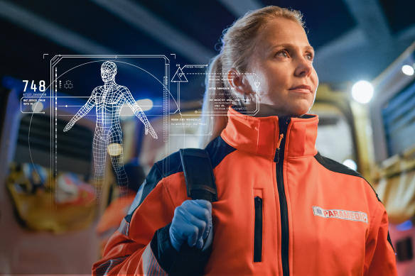 Woman in EMS uniform looking towards the right