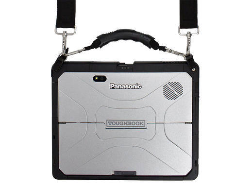 Panasonic Toughbook dans un harnais de mobilité avec bretelles.