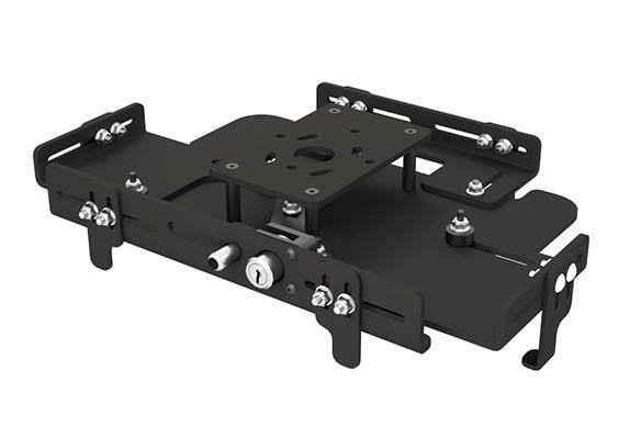Black universal laptop cradle with adjustable components.
