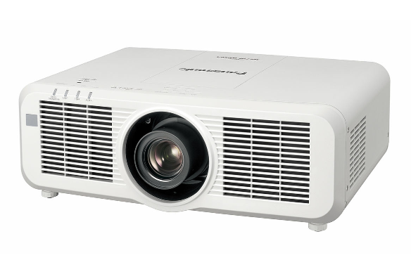 White laser projector with a prominent lens and vented sides.