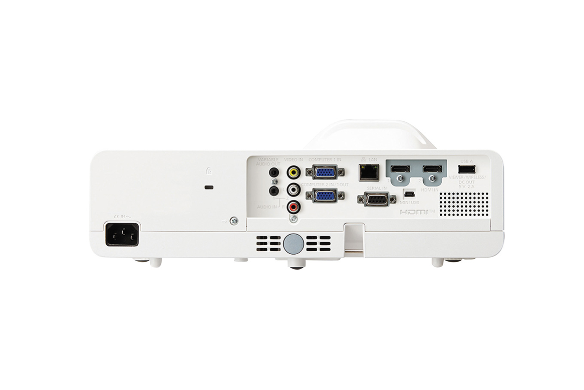 White short-throw projector with multiple input ports on rear panel.