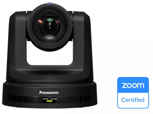 Panasonic professional PTZ camera with Zoom certification logo.