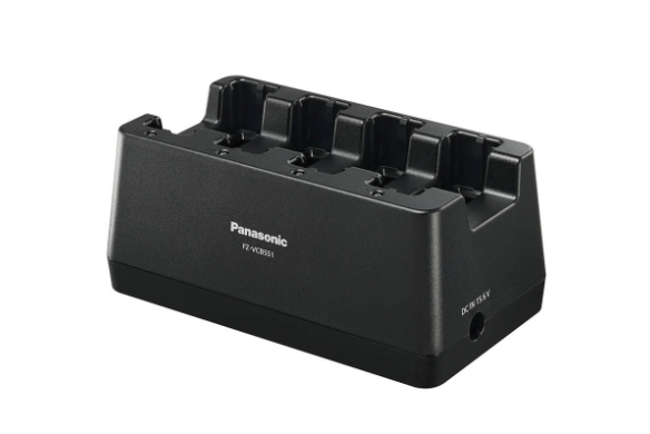 Black Panasonic 4-bay battery charger on a plain background.