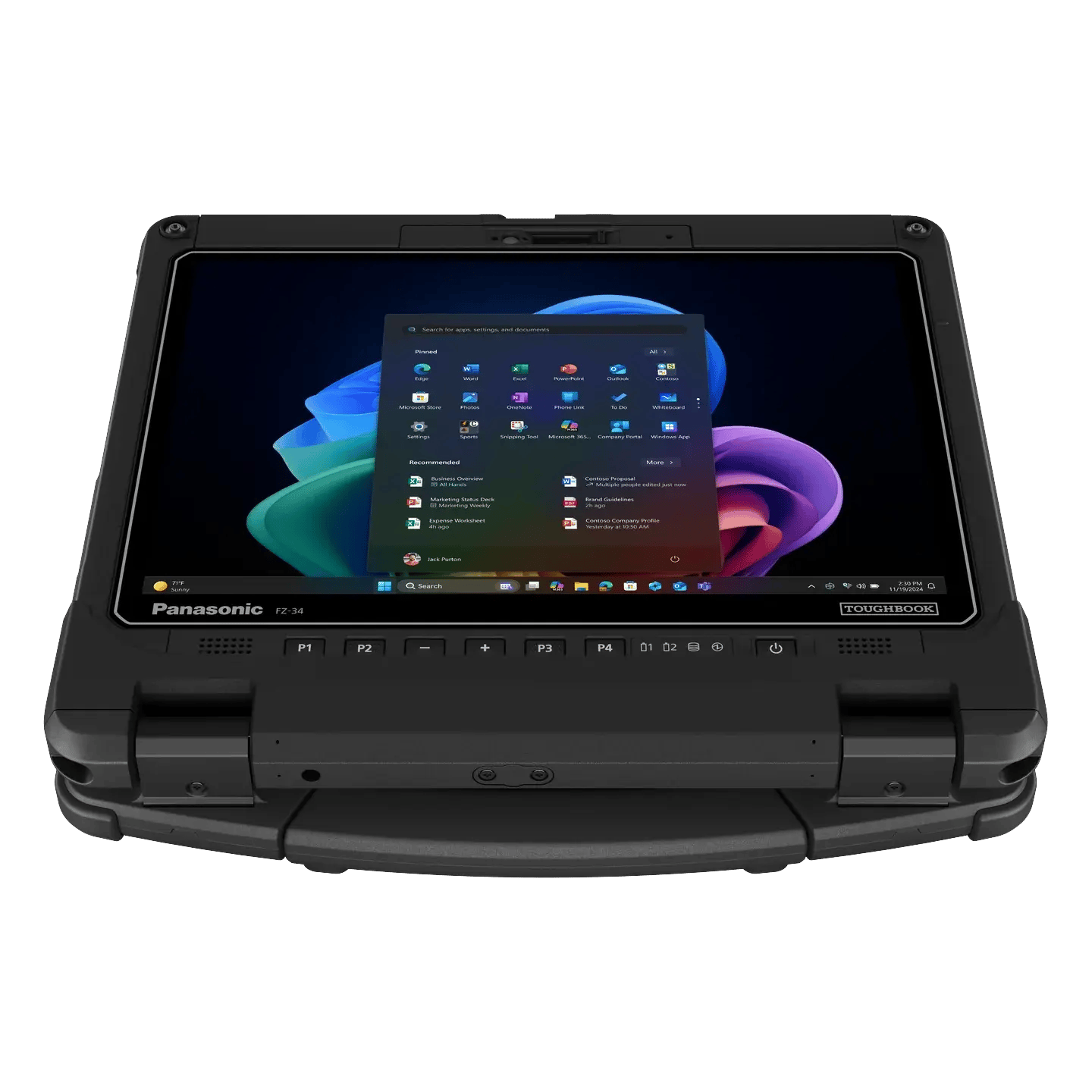 TOUGHBOOK 34 fully rugged convertible laptop and tablet, screen tilted back over the closed keyboard base