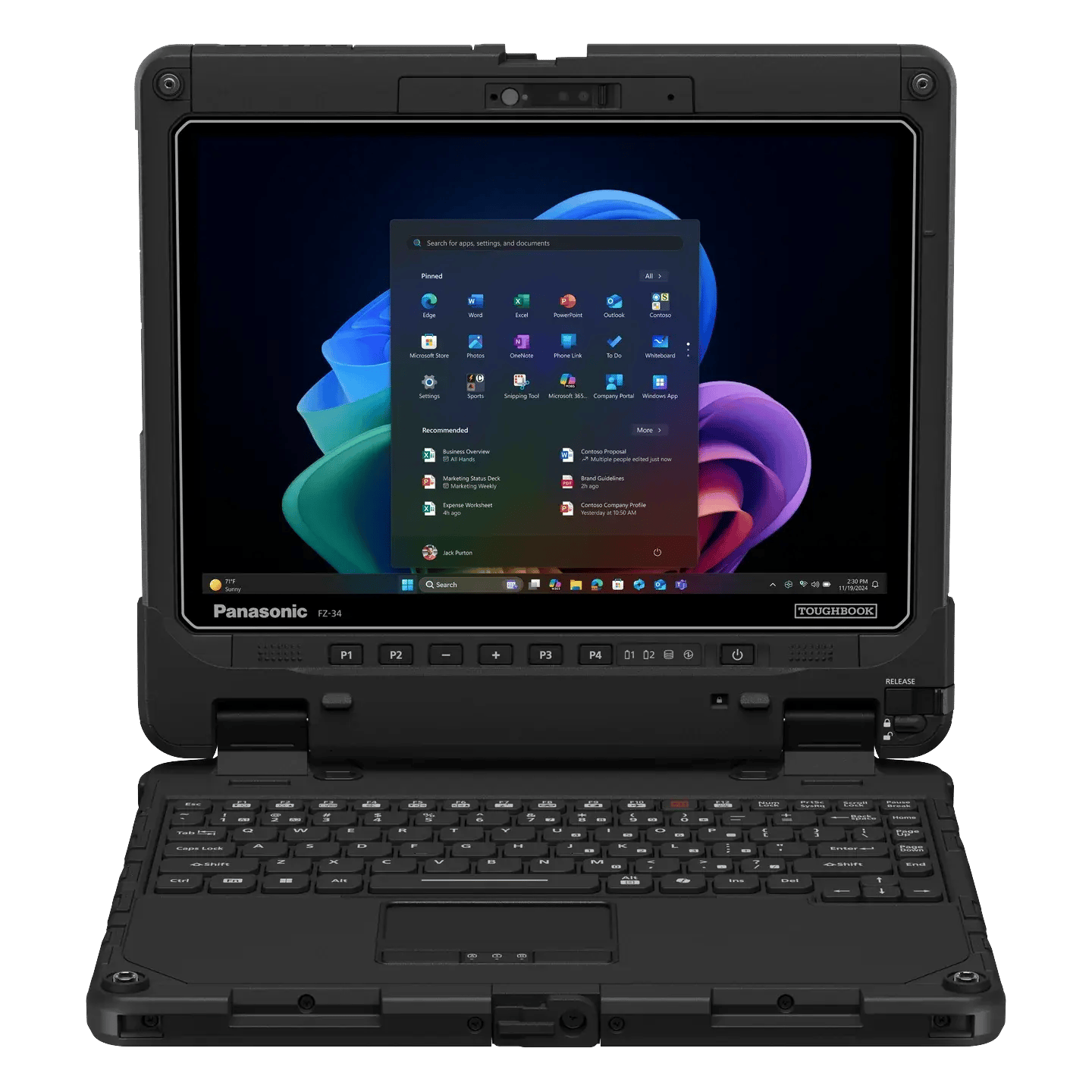 Panasonic TOUGHBOOK 34 fully rugged 2-in-1 laptop and tablet in laptop mode, front view with keyboard attached