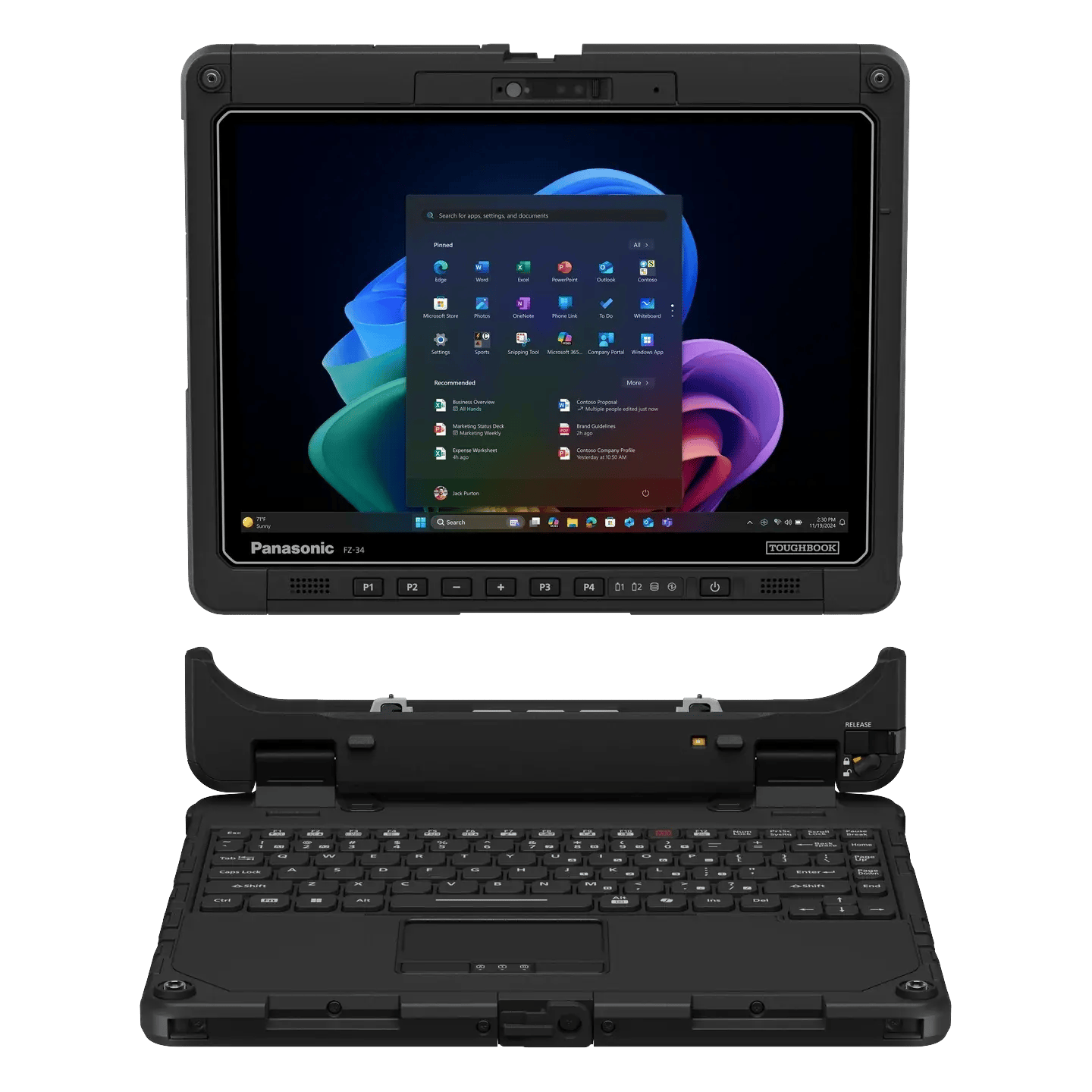 TOUGHBOOK 34 fully rugged tablet detached above its keyboard base, front view