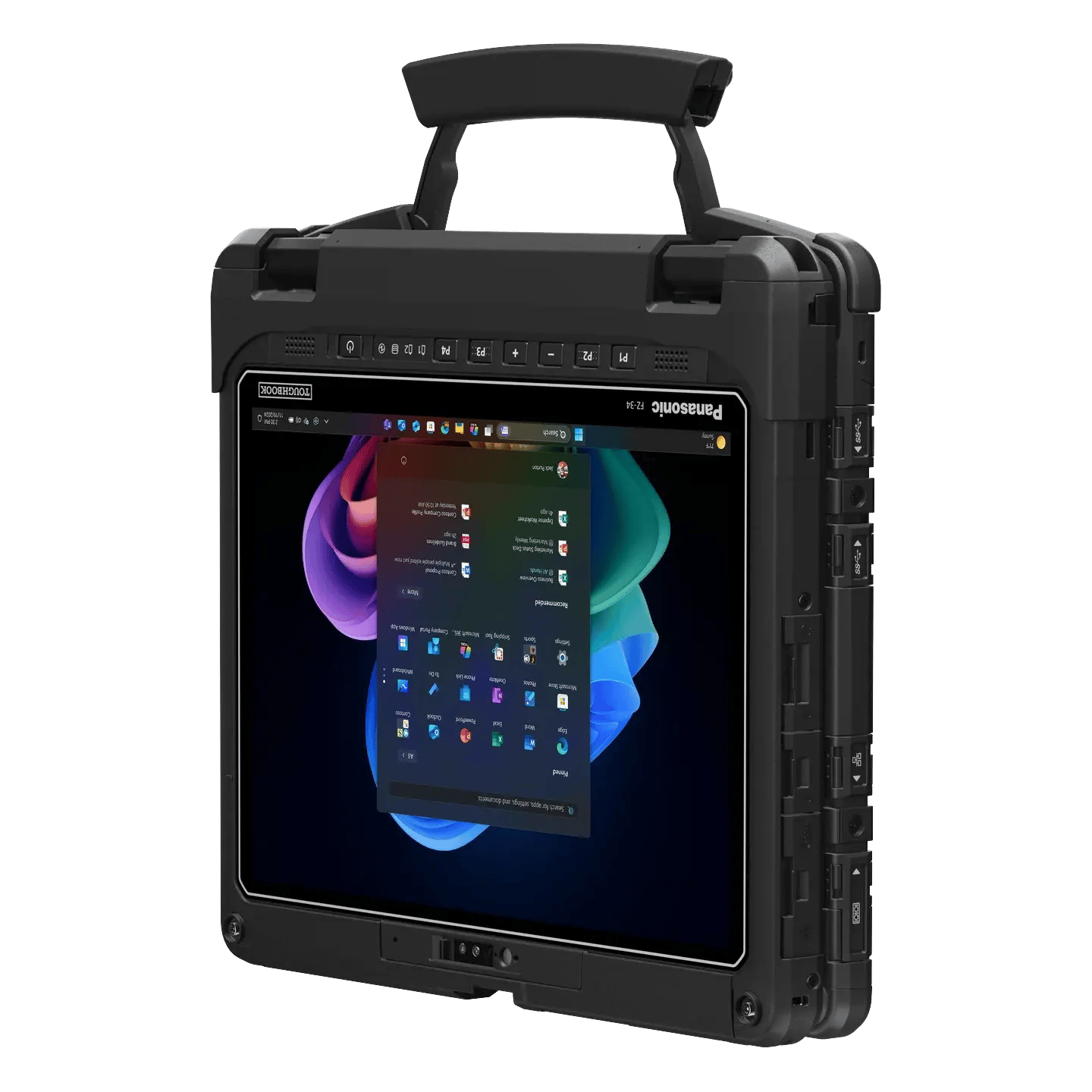 TOUGHBOOK 34 fully rugged tablet with the carry handle raised, screen facing forward