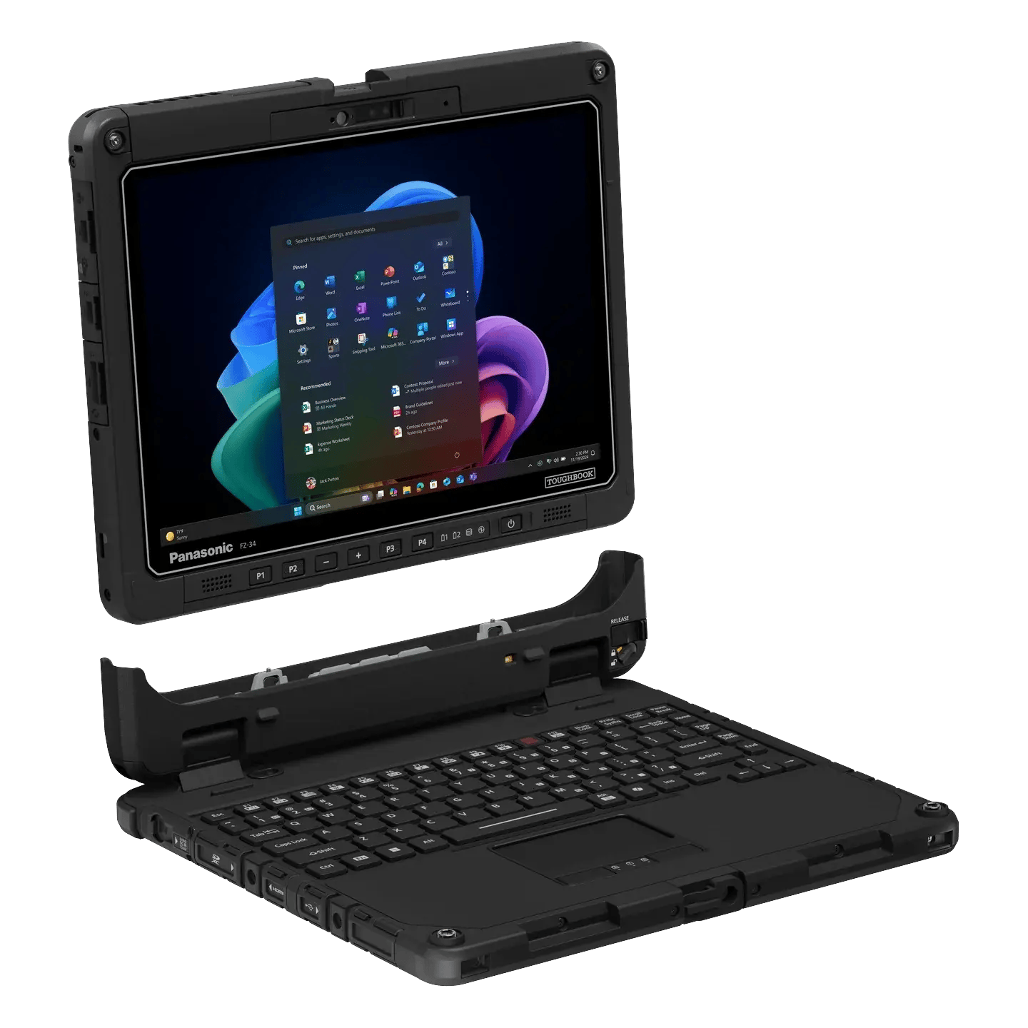 TOUGHBOOK 34 fully rugged tablet separated from its keyboard base, left three-quarter view