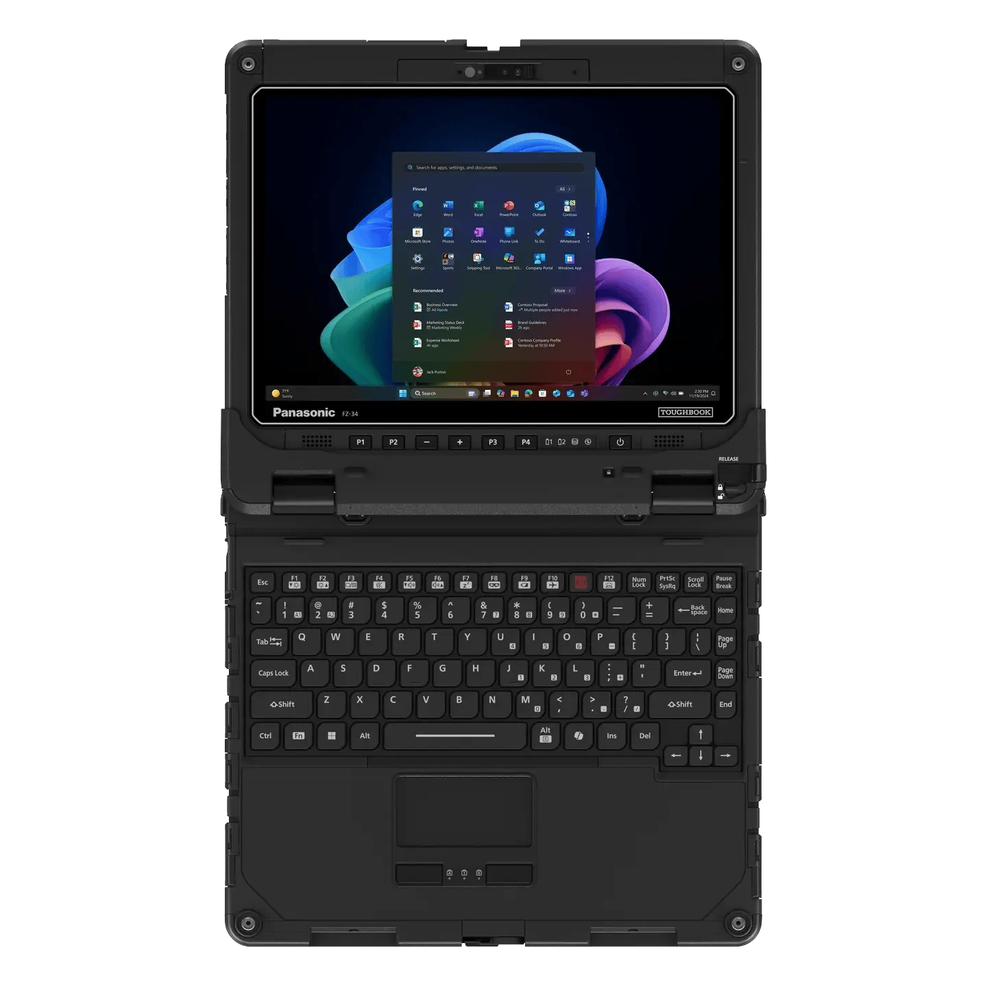TOUGHBOOK 34 fully rugged laptop opened flat, overhead view of the keyboard and touchpad