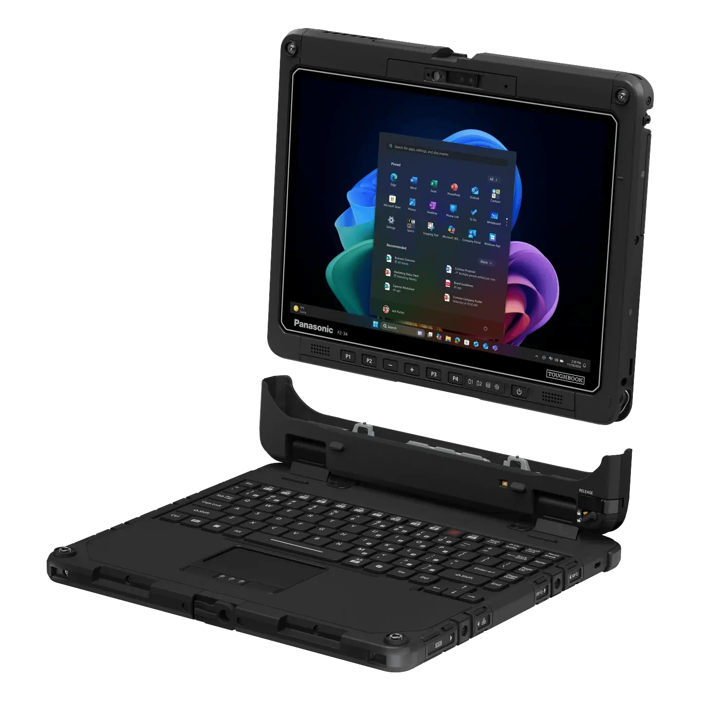 TOUGHBOOK 34 fully rugged 2-in-1 laptop and tablet with the tablet detached, right three-quarter view