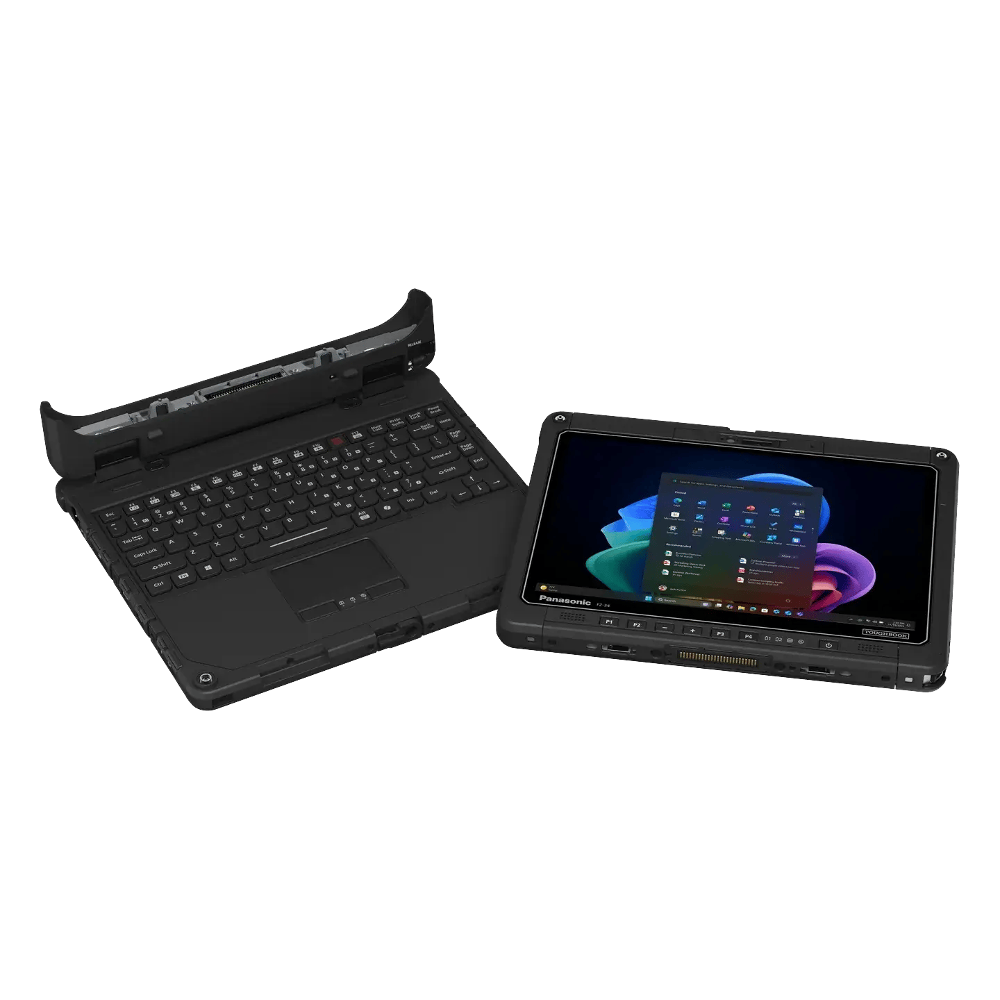 TOUGHBOOK 34 fully rugged 2-in-1 laptop and tablet, shown as separate tablet and keyboard base from above