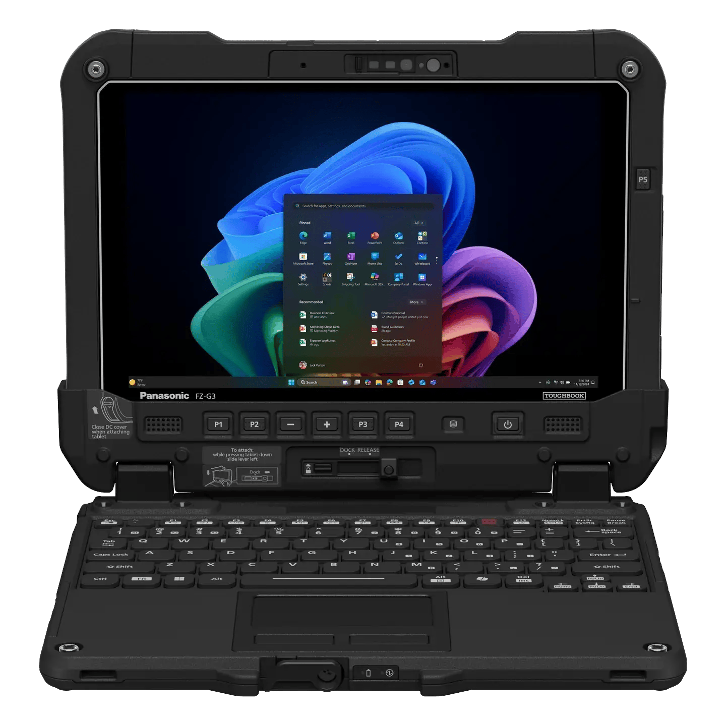 Panasonic TOUGHBOOK G3 fully rugged 2-in-1 laptop and tablet in laptop mode, front view with keyboard attached
