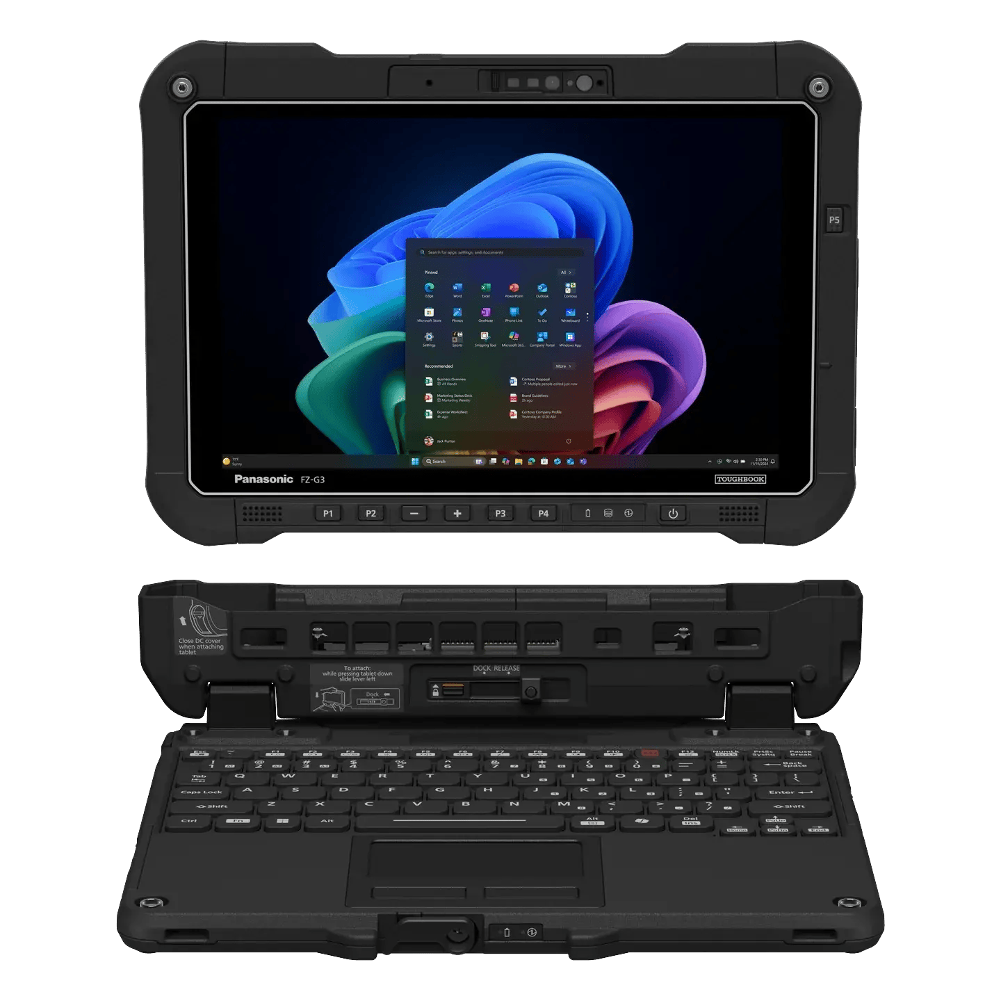 TOUGHBOOK G3 fully rugged tablet detached above its keyboard base, front view showing dock connectors