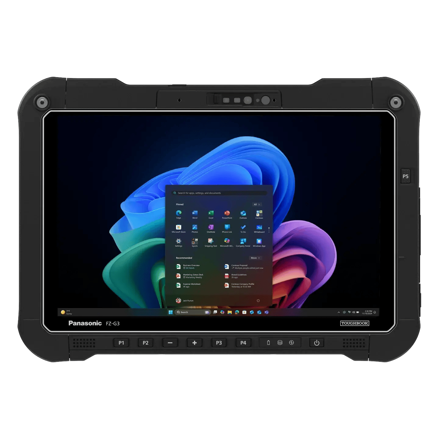 TOUGHBOOK G3 fully rugged tablet, front view with the privacy camera shutter open