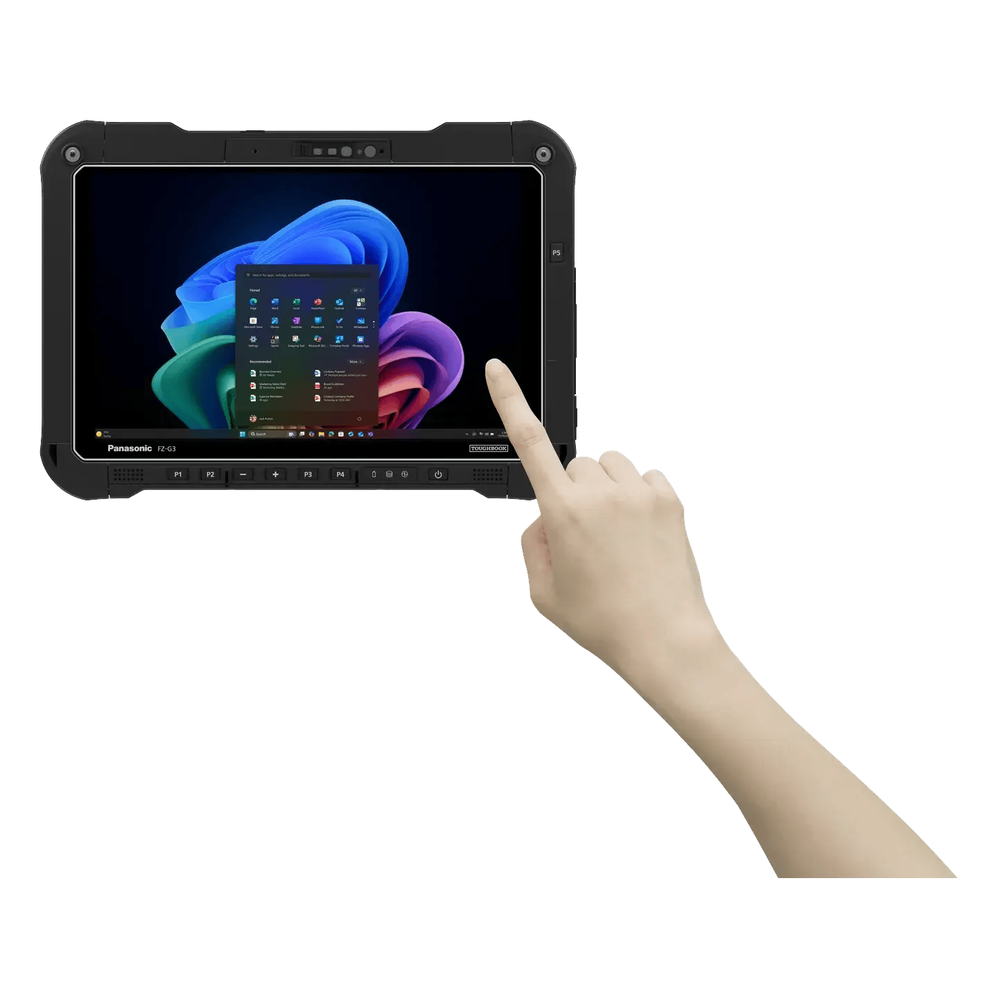 A finger tapping the touchscreen on the TOUGHBOOK G3 fully rugged tablet