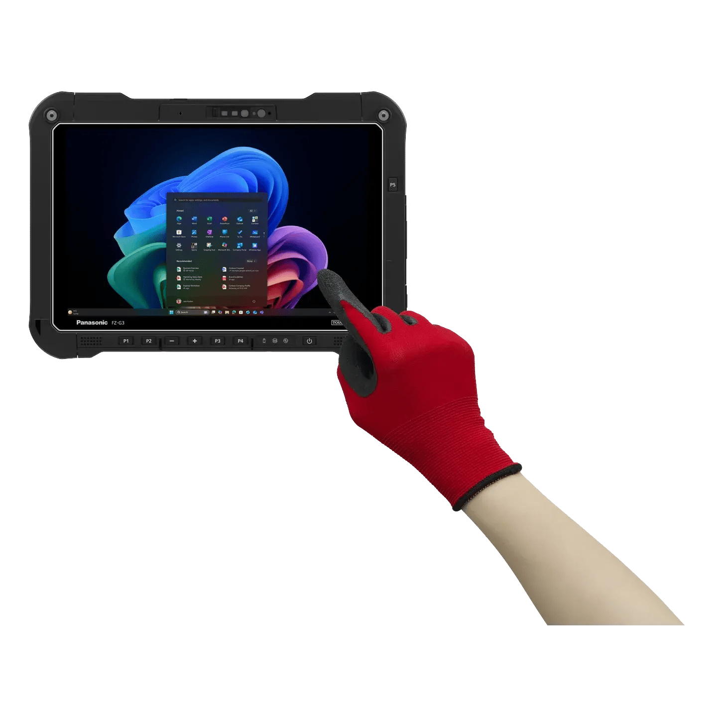 A gloved hand operating the touchscreen on the TOUGHBOOK G3 fully rugged tablet