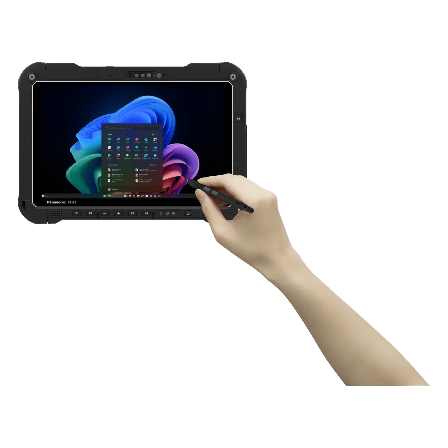 A hand using the digitizer stylus on the TOUGHBOOK G3 fully rugged tablet