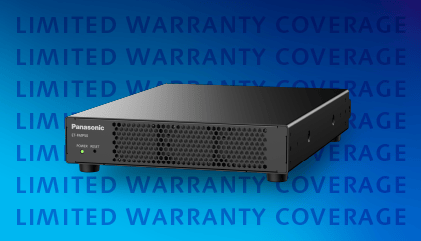 Panasonic projector media processor pictured on a blue gradient background with "Limited Warranty Coverage" text overlay