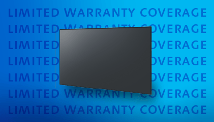 Panasonic Professional Display pictured on a blue gradient background with "Limited Warranty Coverage" text overlay